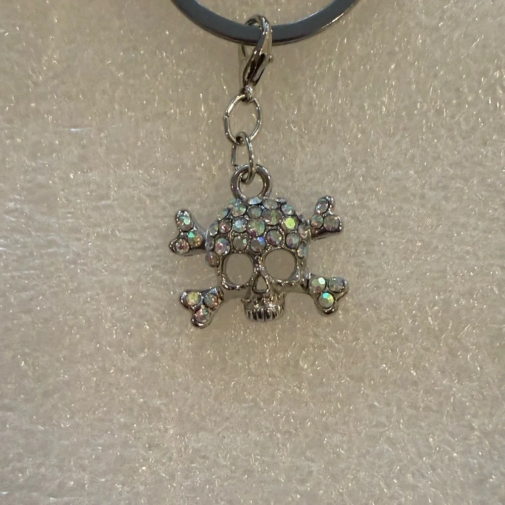 Silver Braided Skull & Pearl Keychain - Rhinestone Punk Glam Purse Charm - New